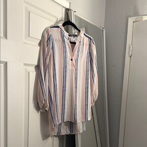 Blue and Pink Long Sleeve Polo Blouse